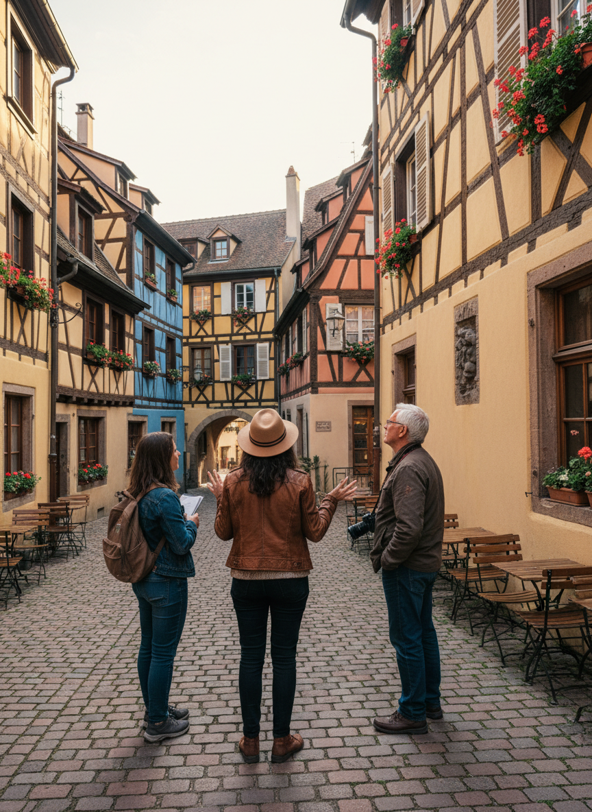 A local guide sharing stories with visitors in a Colmar courtyard
