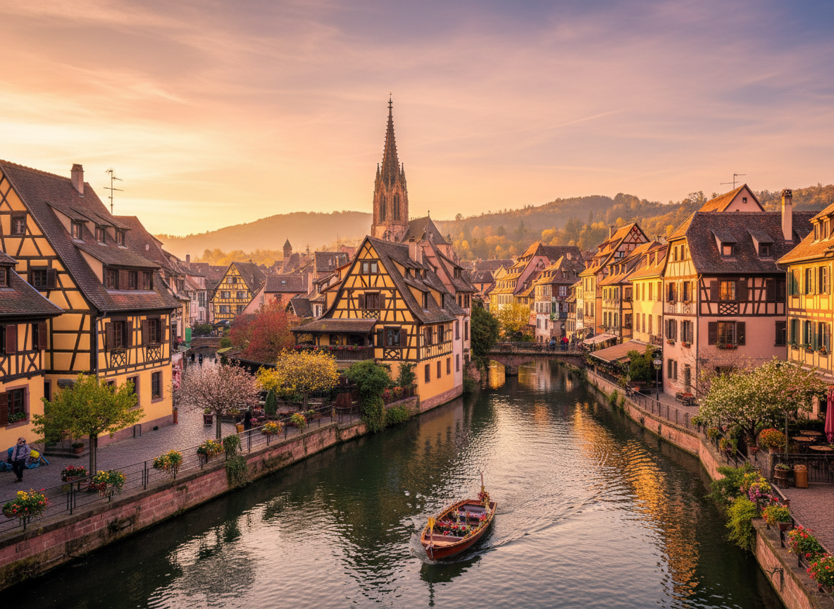 Golden hour over the rooftops and canals of Colmar