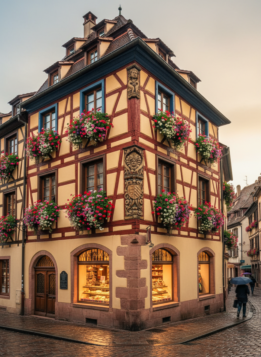 Ornate half-timbered corner house in Colmar