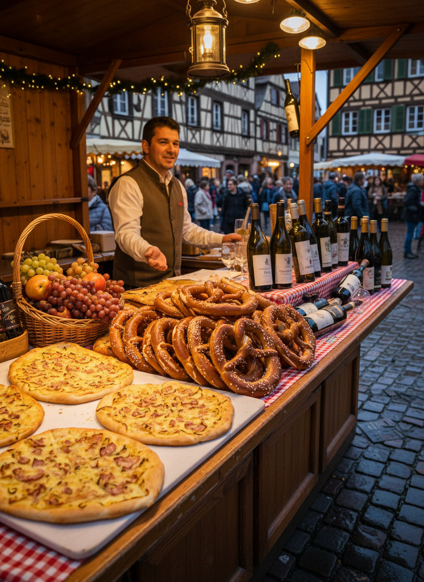 Alsatian local specialties on a market stall in Colmar